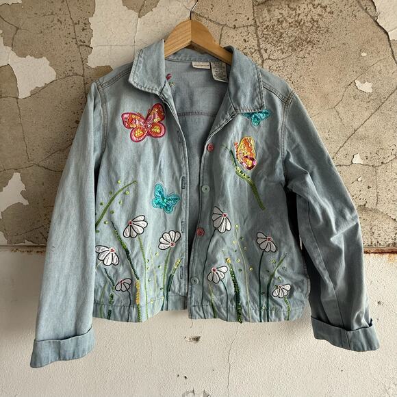 Y2K Light Wash Denim Jacket Floral Butterfly Embroidery Sequin Detail - Picture 1 of 6